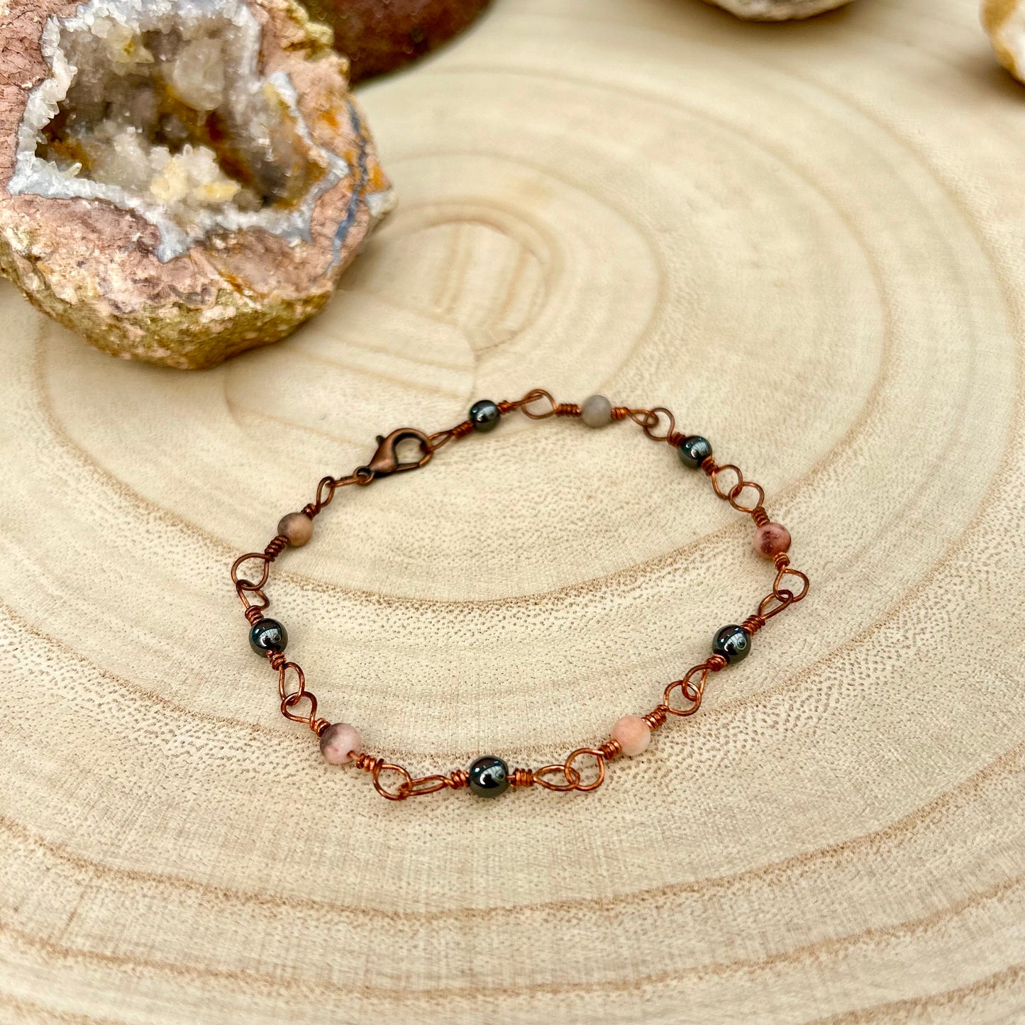 Purify | Pink Zebra and Hematite Copper Rosary bracelet