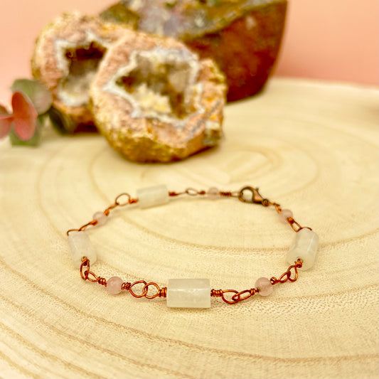 Harmony | Moonstone and Rose Quartz Copper rosary chain bracelet