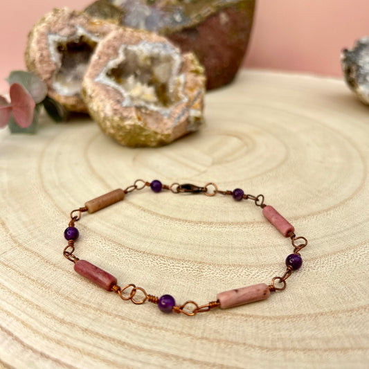 Balance | Rhodochrosite and Amethyst Copper Rosary bracelet